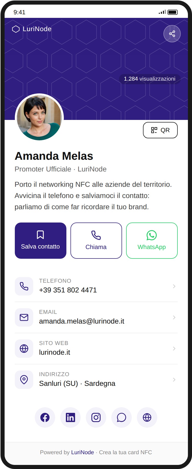 Profilo digitale NFC di Amanda Melas, promoter LuriNode, aperto su smartphone dopo il tap della card